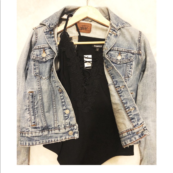 Express Tops - Lace-up crocheted ribbed thong bodysuit NWT